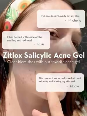 The image is a close-up of a person's face, focusing on the eye area, overlaid with customer testimonial text bubbles promoting Zitlox Salicylic Acne Gel. It appears to be a UGC testimonial graphic for skincare product endorsement.