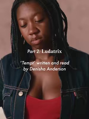 The image depicts a close-up of a woman with braided hair, eyes closed in a contemplative expression, wearing a denim jacket over a red top, as part of a poetry reading video. It appears to be a studio portrait or video still from an erotic poetry session.